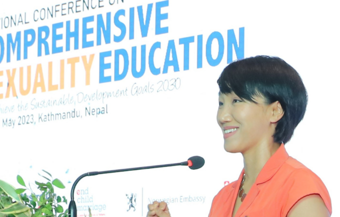 Young Hong, UNFPA Nepal Representative speaking at the national conference on comprehensive sexuality education.