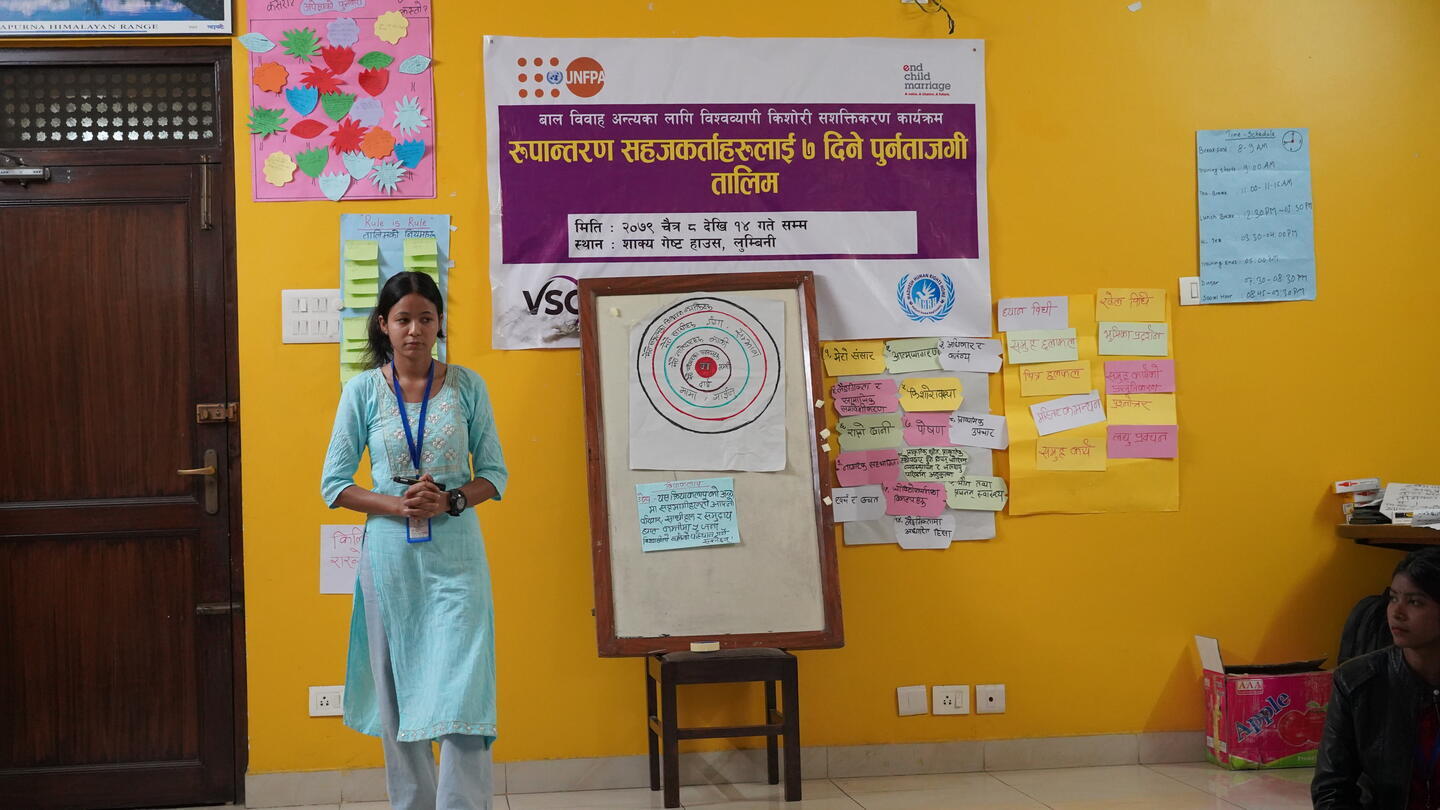 Babita Biswokarma stands in front of a yellow wall which has learning materials.