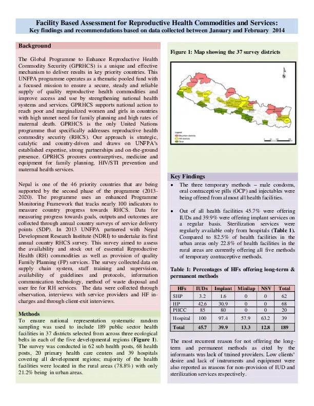 Technical Brief of Facility Based Assessment for Reproductive Health Commodities and Services